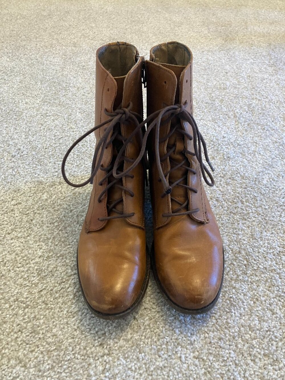 Frye Melissa Cognac Lace Up Boots with Side Zipper